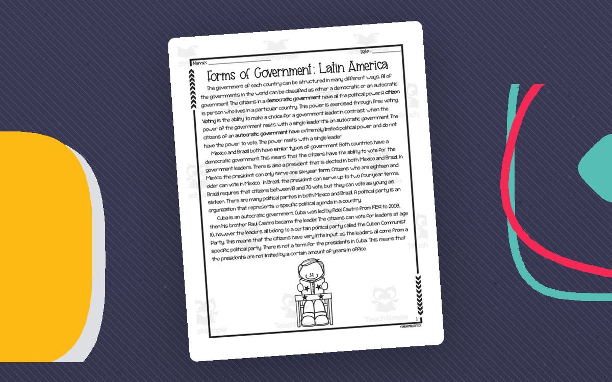 An educational teaching resource from Sarah Miller Tech entitled Forms of Government in Latin America Reading Packet downloadable at Teach Simple.