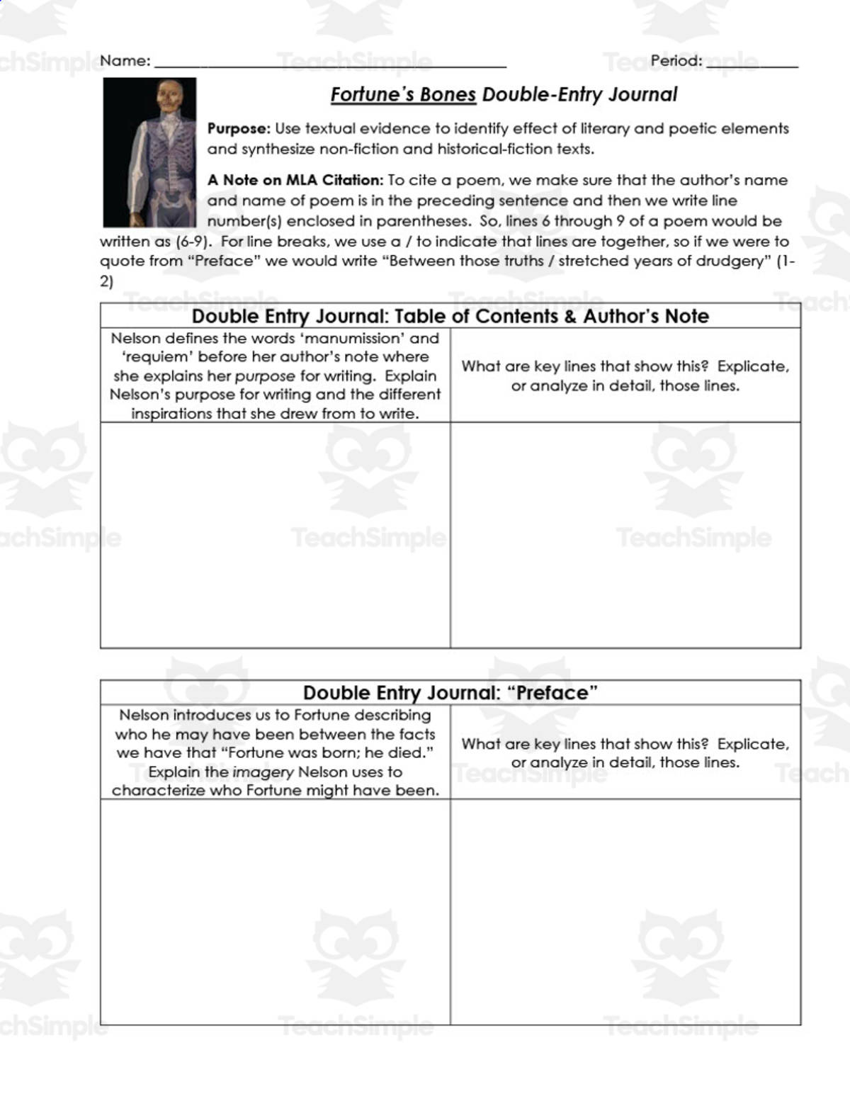 An educational teaching resource from ELA Resources entitled Fortune's Bones by Marilyn Nelson | Double Entry Journals downloadable at Teach Simple.