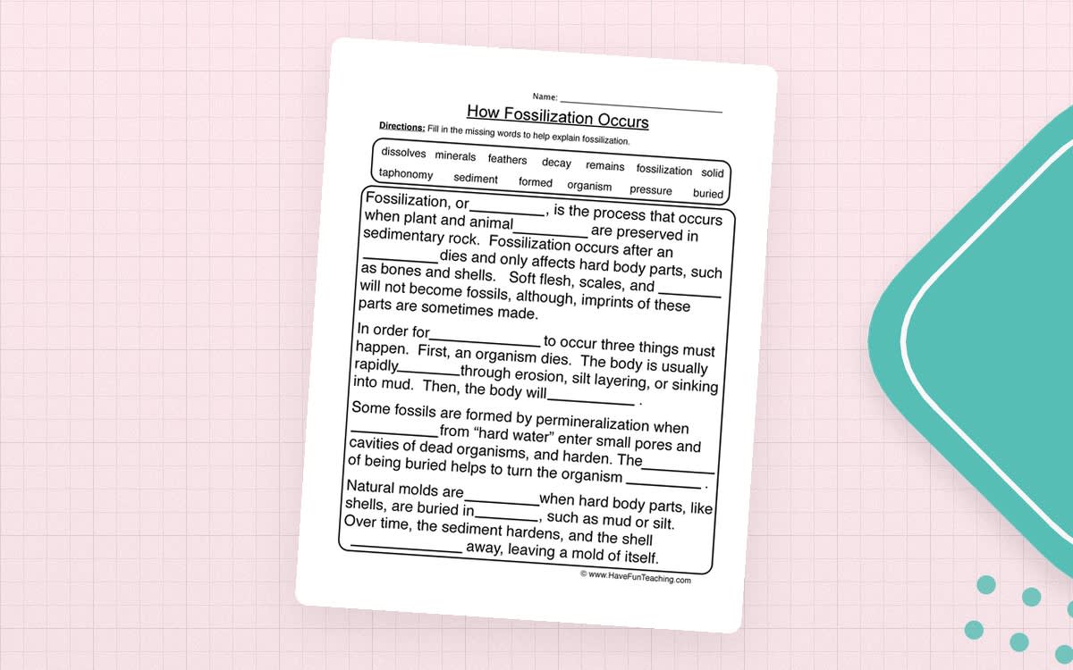 An educational teaching resource from Have Fun Teaching entitled Fossils Fill in the Blank Worksheet downloadable at Teach Simple.