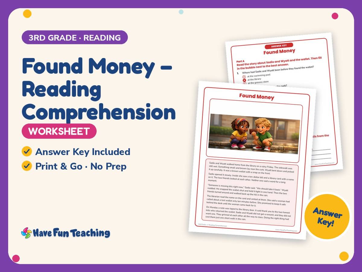 Found Money – Reading Comprehension Worksheet – 3rd Grade Practice preview