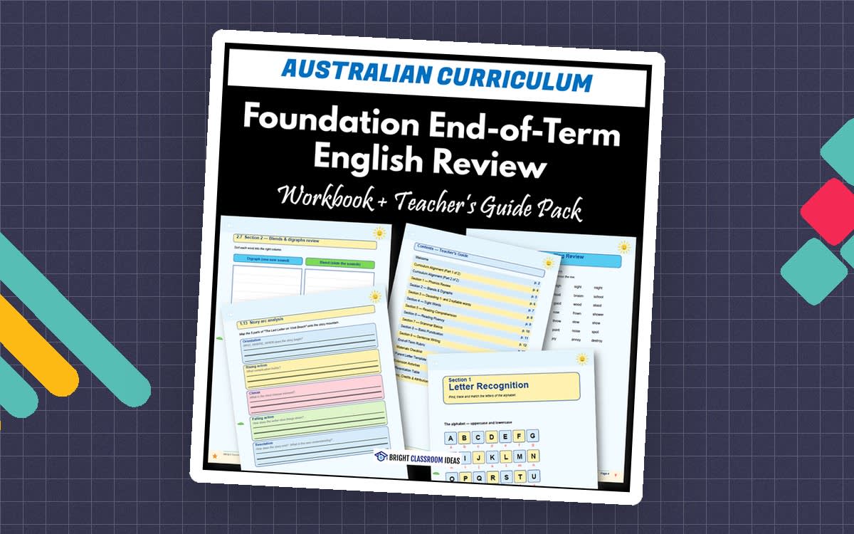 An educational teaching resource from Bright Classroom Ideas Marketplace entitled Foundation End-of-Term English Review Pack | Australian Curriculum downloadable at Teach Simple.