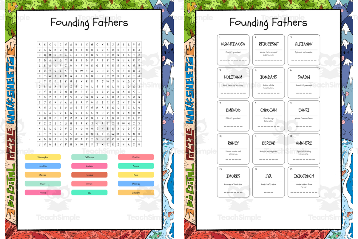 An educational teaching resource from Lapiiin Art Activities entitled Founding Fathers word search, scramble and crossword puzzle downloadable at Teach Simple.