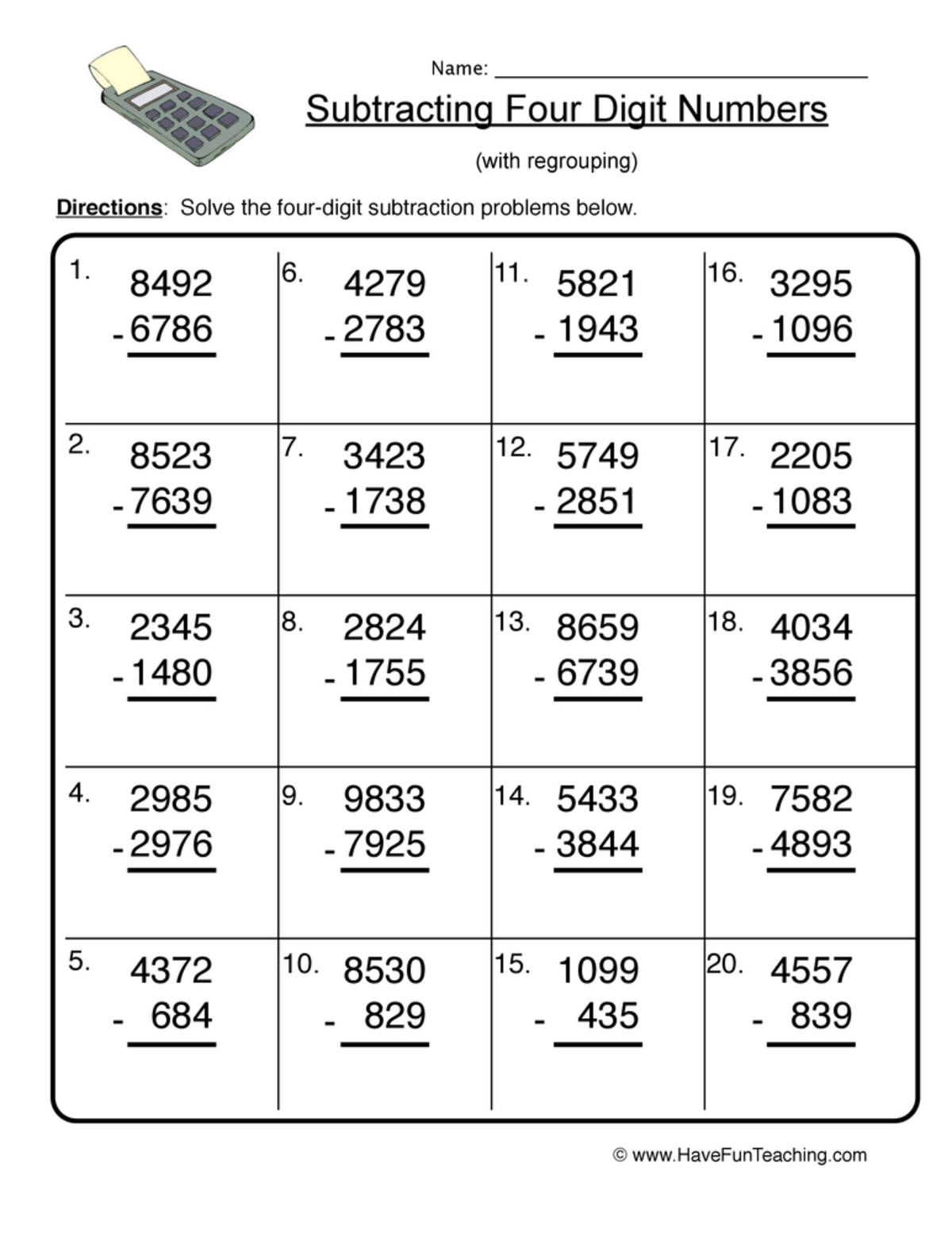 An educational teaching resource from Have Fun Teaching entitled Four Digit Subtraction Regrouping Worksheet downloadable at Teach Simple.