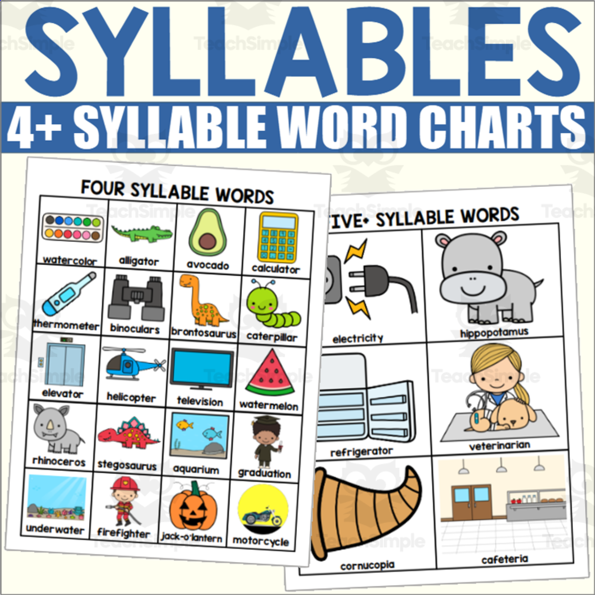 An educational teaching resource from The Connett Connection entitled Four Syllable Word Charts downloadable at Teach Simple.