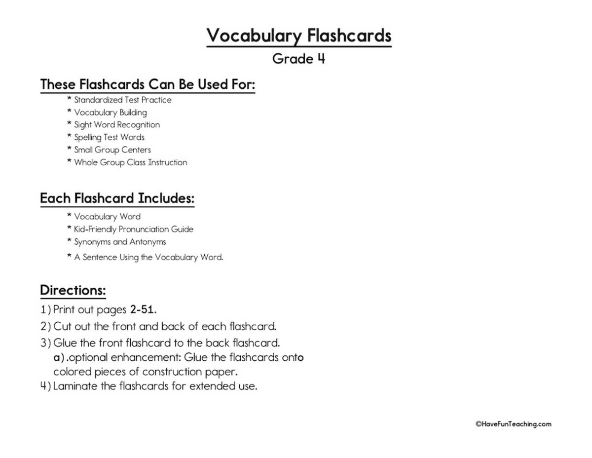 An educational teaching resource from Have Fun Teaching entitled Fourth Grade Vocabulary Flash Cards downloadable at Teach Simple.