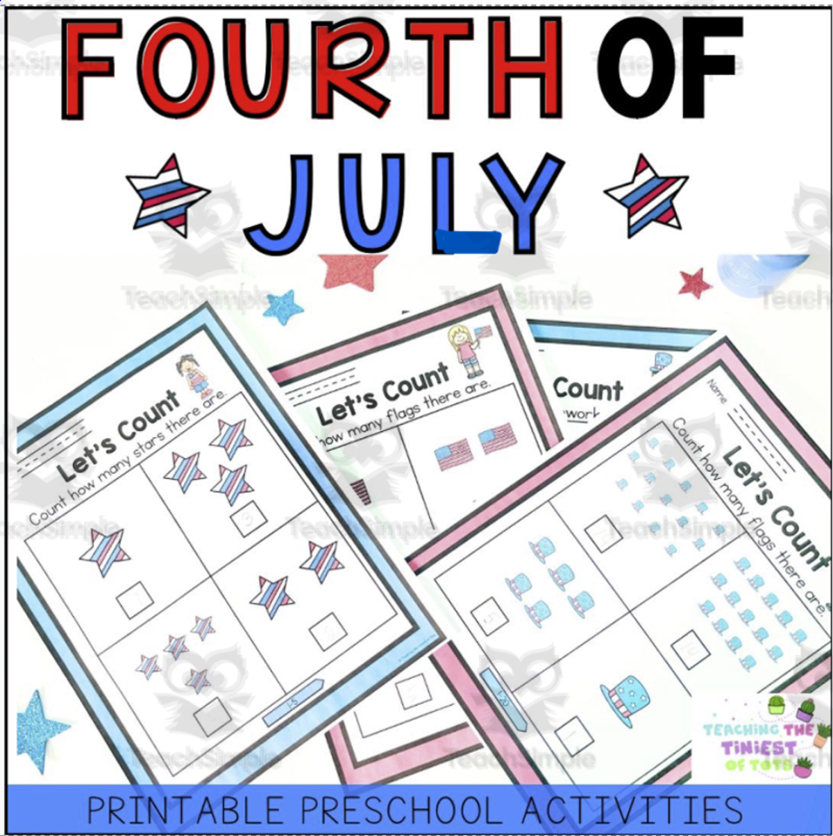 An educational teaching resource from Teaching the Tiniest of Tots entitled Fourth Of July Kindergarten Math Worksheets Counting How Many 1-20 downloadable at Teach Simple.