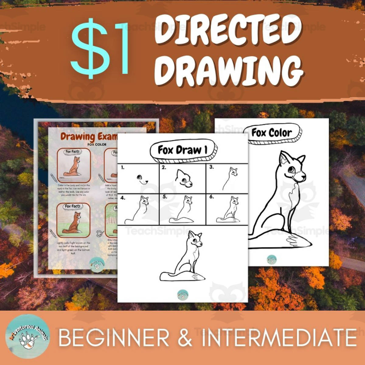 An educational teaching resource from ARTventurousanimals entitled Fox Directed Drawing Worksheets - Beginner and Intermediate downloadable at Teach Simple.