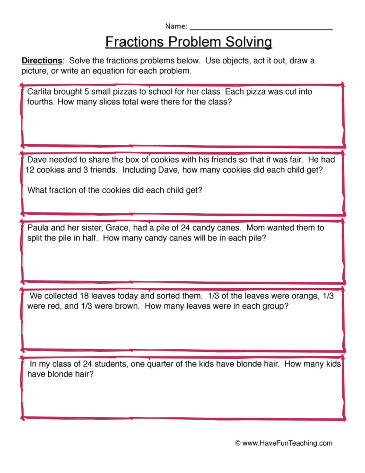An educational teaching resource from Have Fun Teaching entitled Fraction Word Problems Worksheet downloadable at Teach Simple.