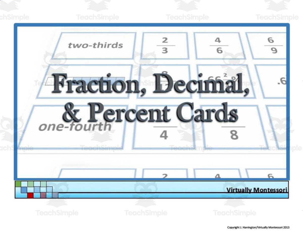 An educational teaching resource from Virtually Montessori entitled Fractions, Decimals, and Percents Cards downloadable at Teach Simple.