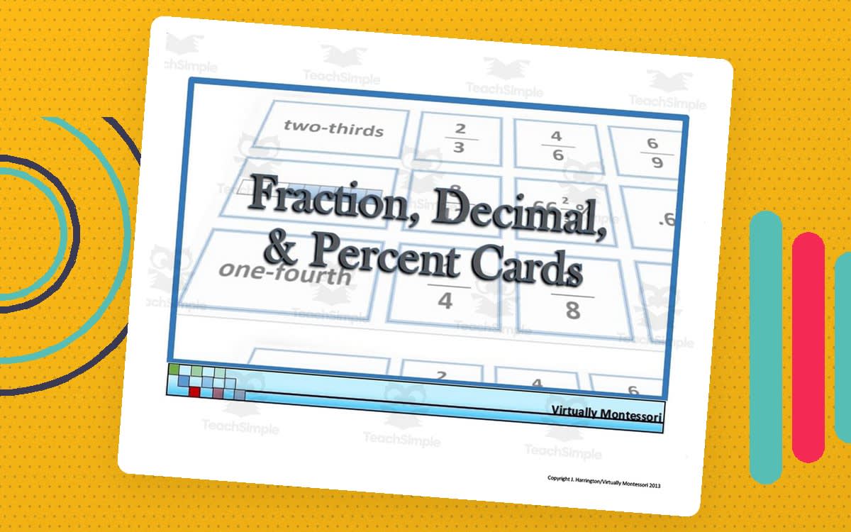 An educational teaching resource from Virtually Montessori entitled Fractions, Decimals, and Percents Cards downloadable at Teach Simple.
