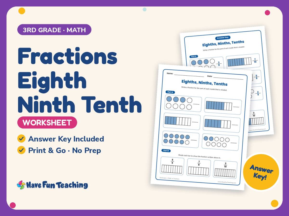 Fractions Eighth Ninth Tenth Worksheet – 3rd Grade Math Practice preview