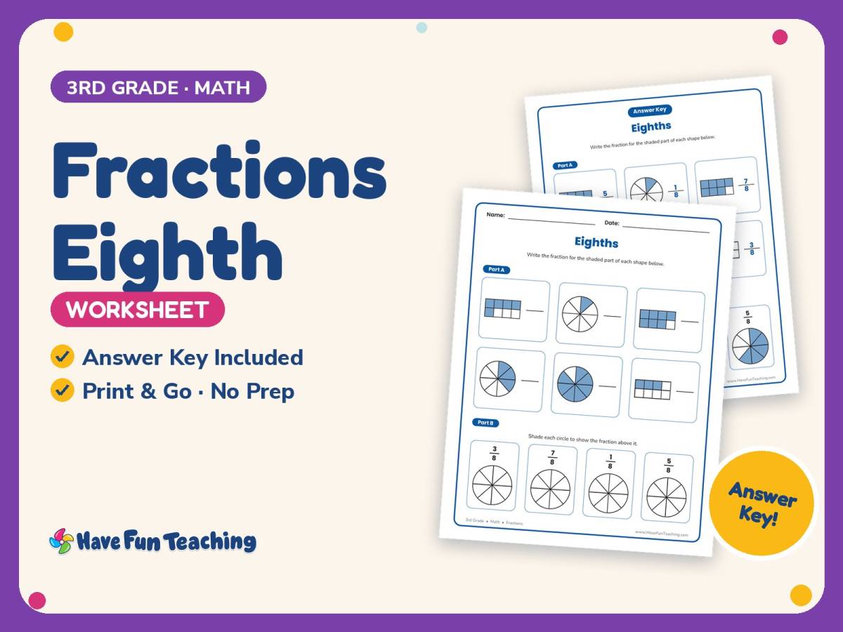 Fractions Eighth Worksheet – 3rd Grade Math Practice + Answer Key preview