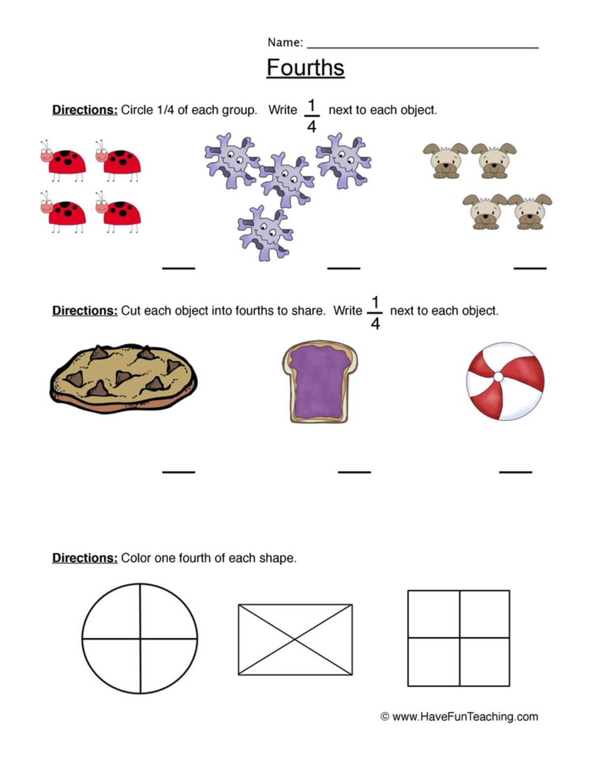 An educational teaching resource from Have Fun Teaching entitled Fractions Fourth Worksheet downloadable at Teach Simple.