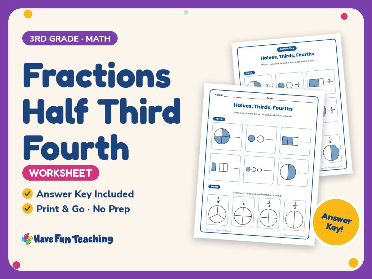Fractions Half Third Fourth Worksheet – 3rd Grade Math Practice preview