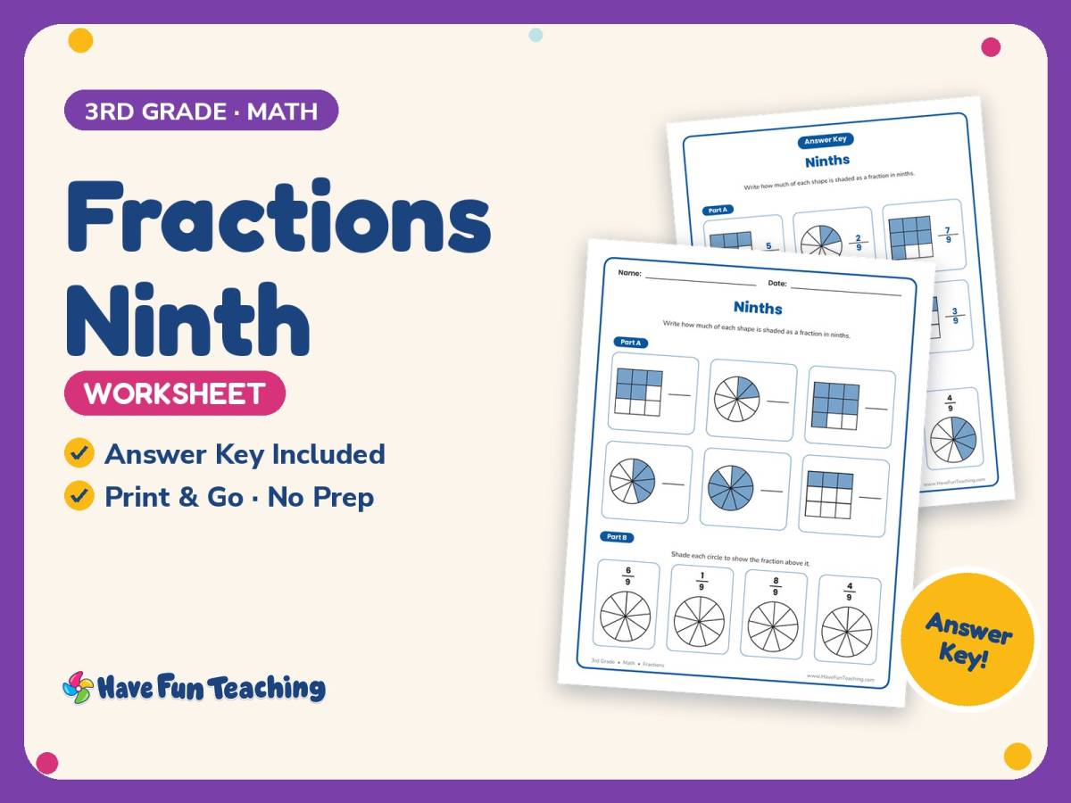 Fractions Ninth Worksheet – 3rd Grade Math Practice + Answer Key preview