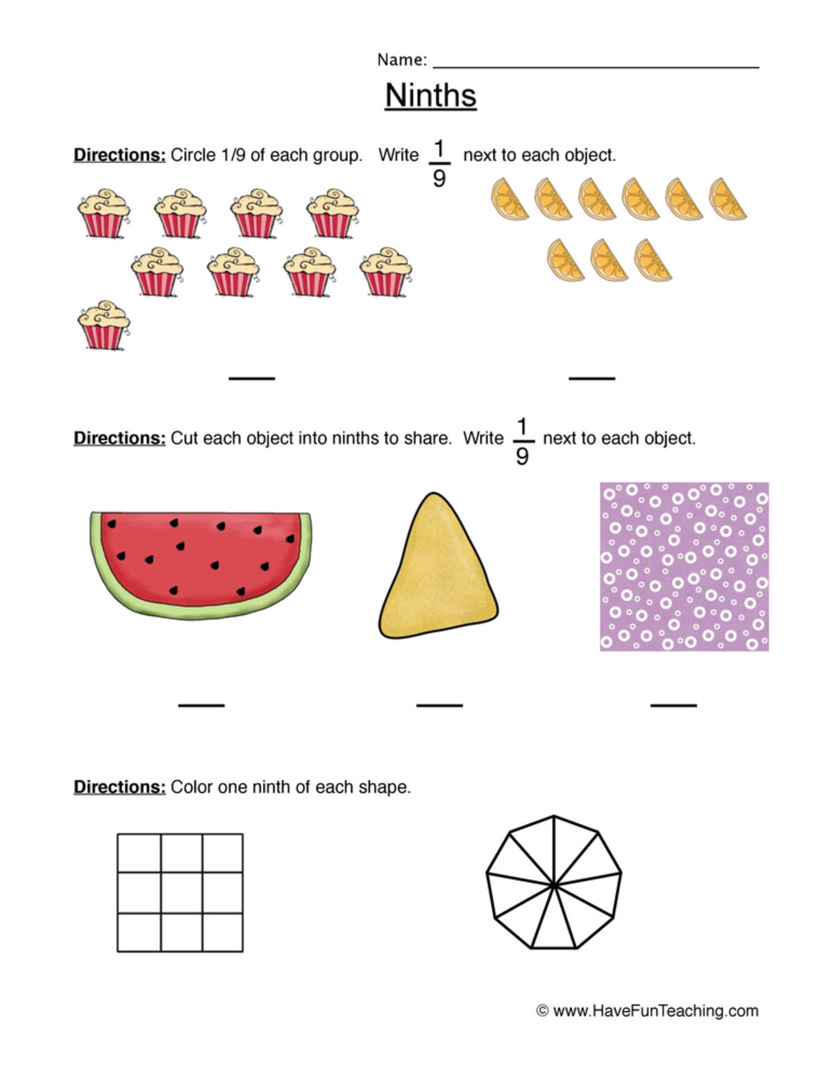 An educational teaching resource from Have Fun Teaching entitled Fractions Ninth Worksheet downloadable at Teach Simple.