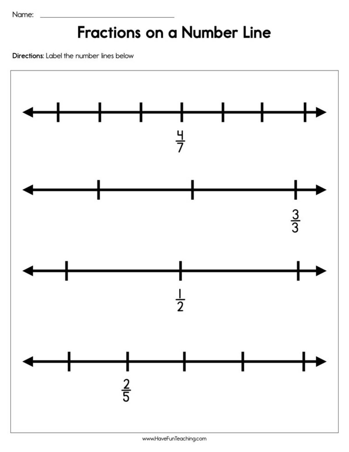 An educational teaching resource from Have Fun Teaching entitled Fractions on a Number Line Worksheet downloadable at Teach Simple.
