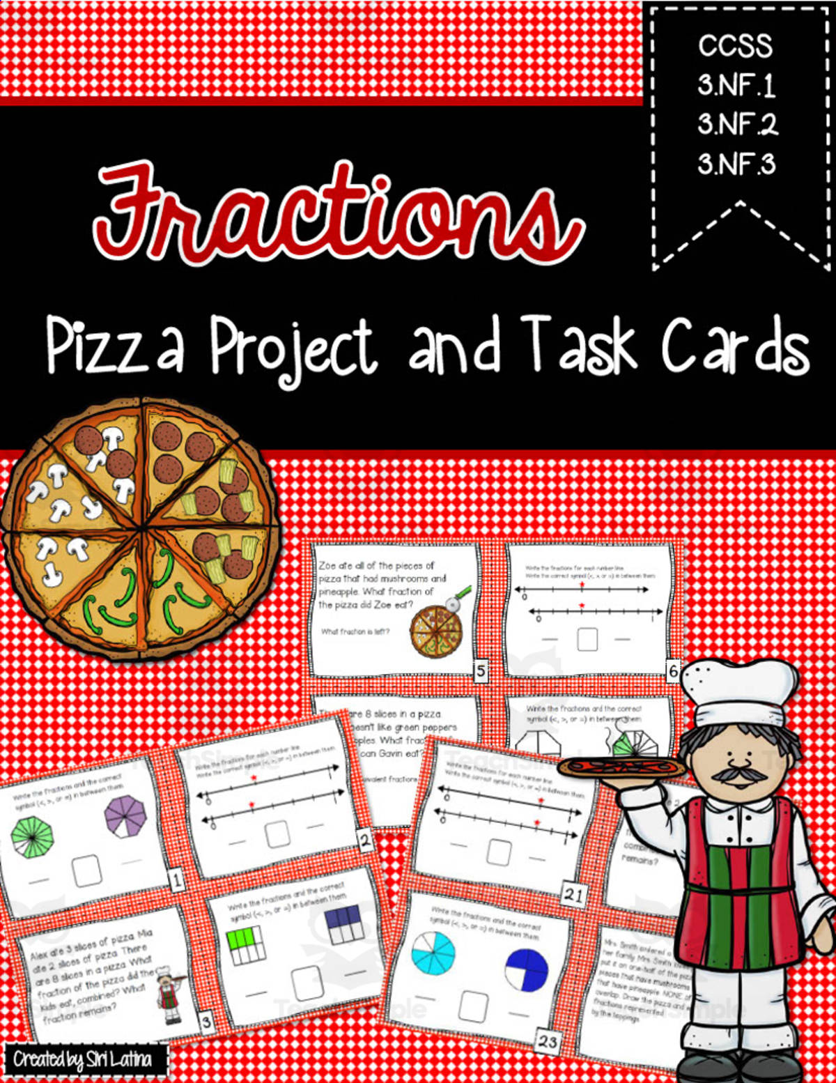 An educational teaching resource from Siri Latina entitled Pizza Fractions Project – 2-Day Class Activity downloadable at Teach Simple.