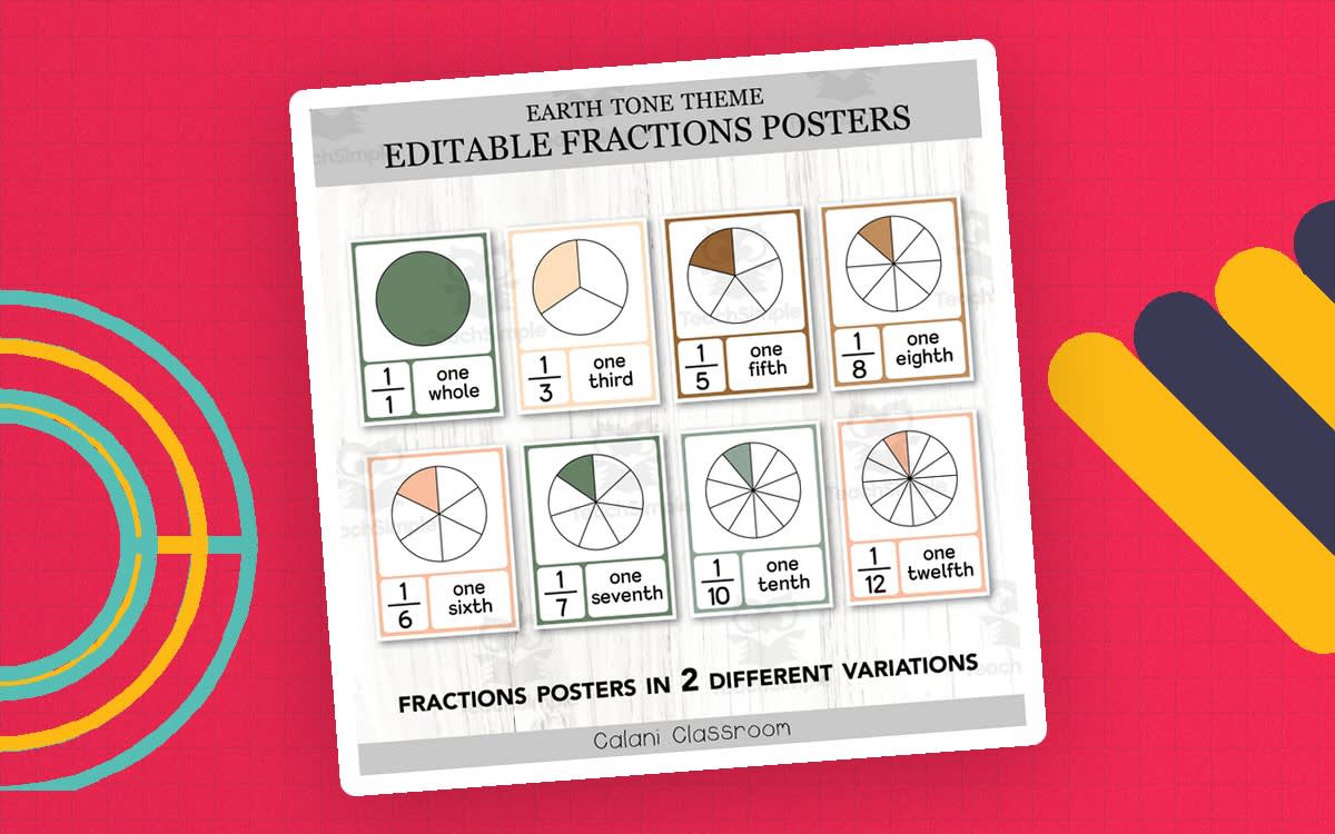 An educational teaching resource from Crafty with Calani entitled Fractions Posters Anchor Chart, Earth Tone Editable Math Display downloadable at Teach Simple.