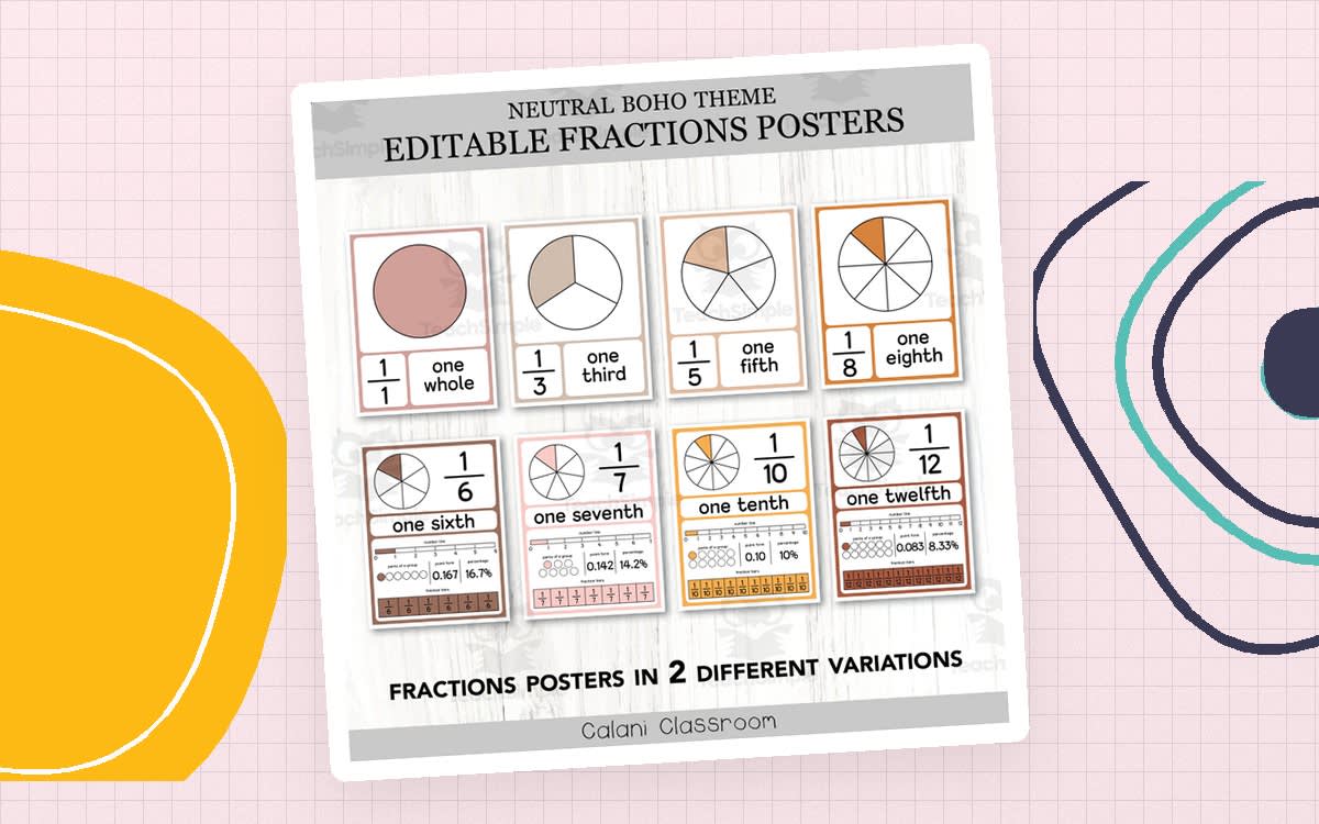 An educational teaching resource from Crafty with Calani entitled Fractions Posters Anchor Chart, Neutral Boho Editable Math Display downloadable at Teach Simple.