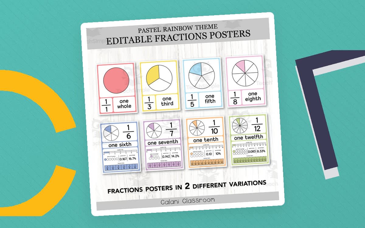 An educational teaching resource from Crafty with Calani entitled Fractions Posters Anchor Chart, Pastel Rainbow Editable Math Display downloadable at Teach Simple.
