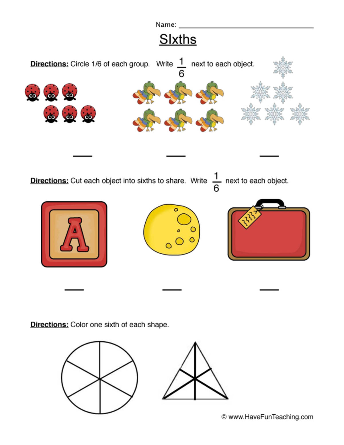 An educational teaching resource from Have Fun Teaching entitled Fractions Sixth Worksheet downloadable at Teach Simple.
