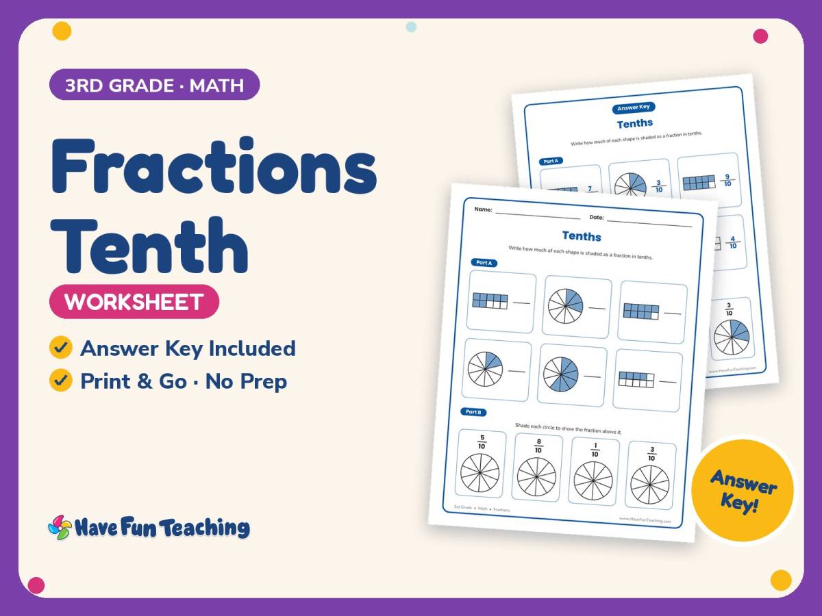 Fractions Tenth Worksheet – 3rd Grade Math Practice + Answer Key preview