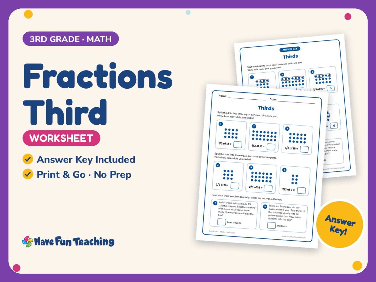 Fractions Third Worksheet – 3rd Grade Math Practice + Answer Key preview