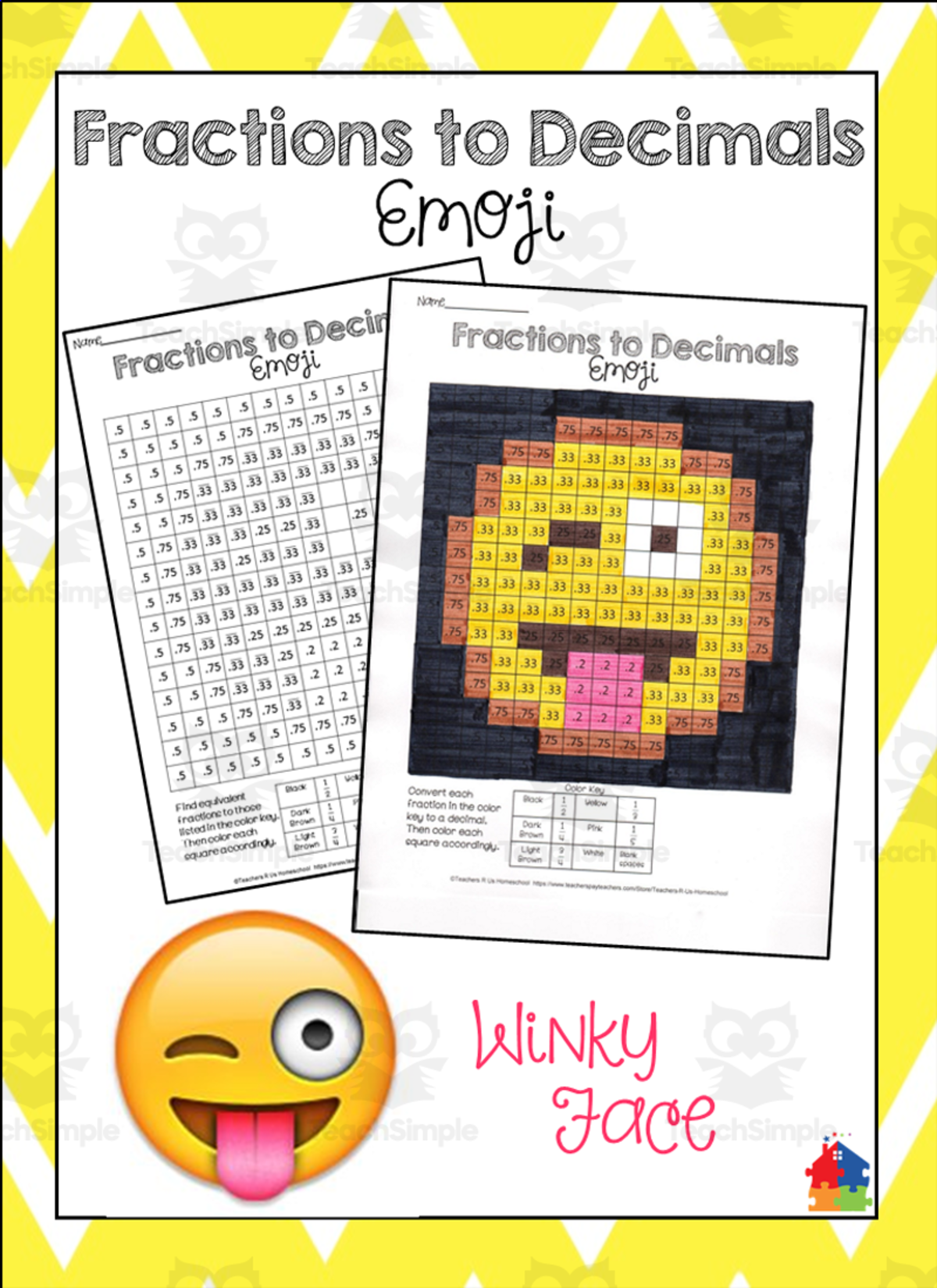 An educational teaching resource from Teachers R Us Homeschool entitled Fractions to Decimals - Winky Face Emoji downloadable at Teach Simple.