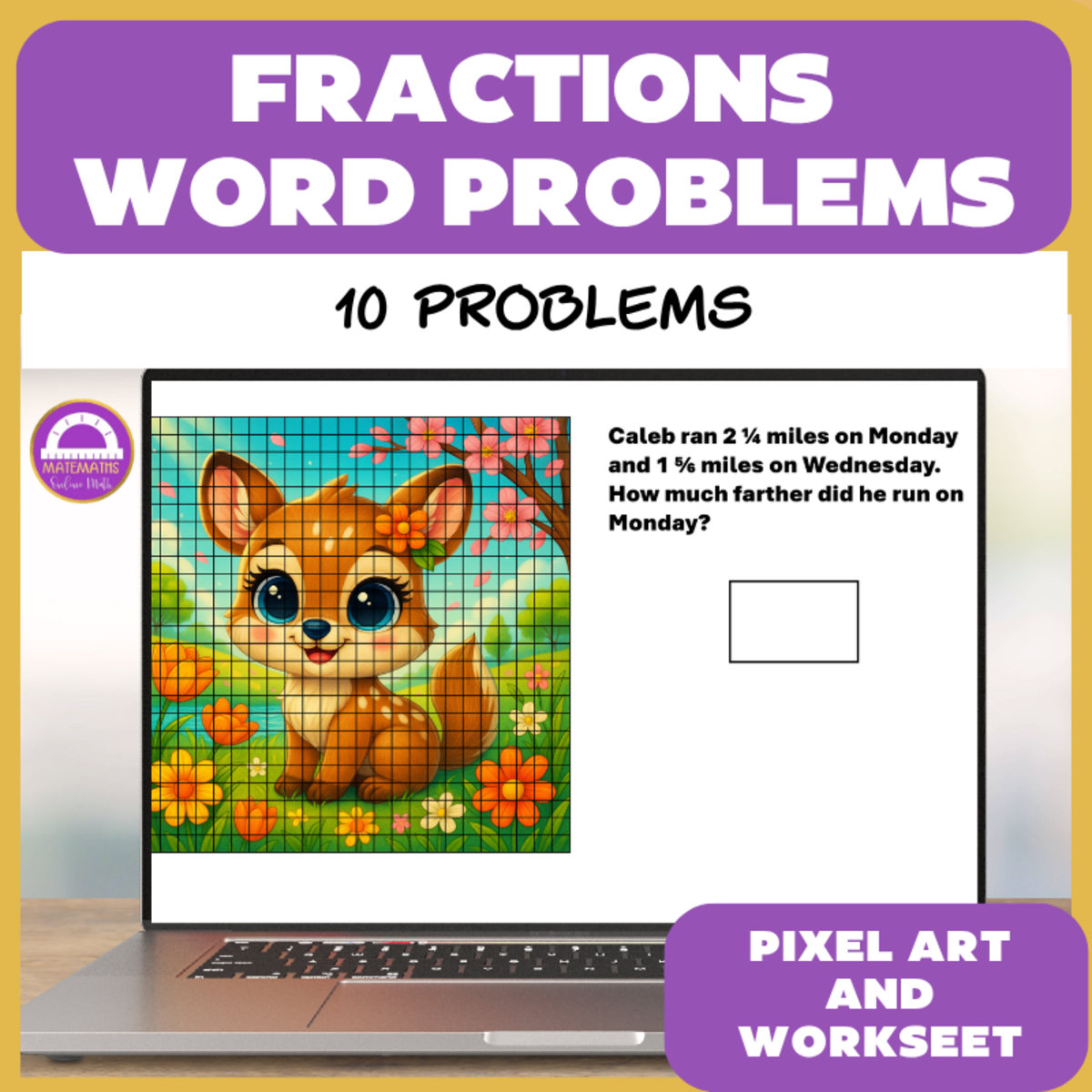 An educational teaching resource from Matemaths entitled Fractions Word Problems Pixel Art Activity and Worksheet downloadable at Teach Simple.