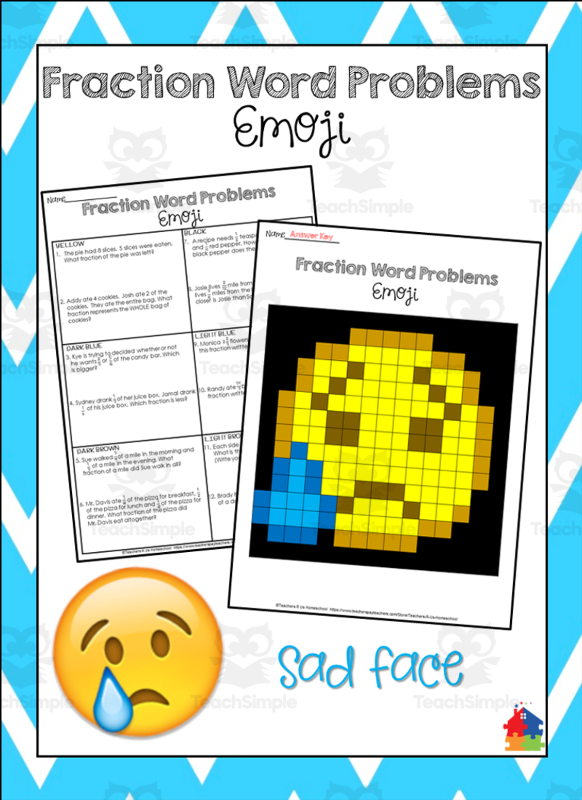 An educational teaching resource from Teachers R Us Homeschool entitled Fractions Word Problems - Sad Face Emoji downloadable at Teach Simple.