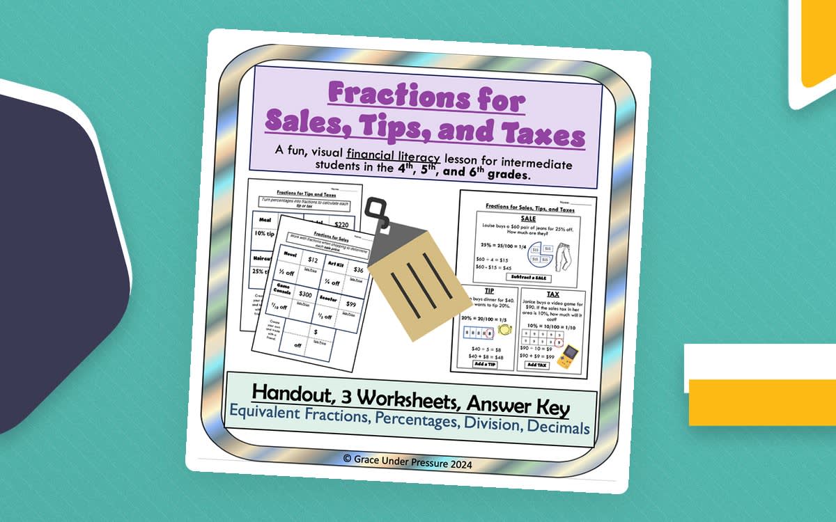 An educational teaching resource from Grace Under Pressure entitled Fractions Word Problems: Using Fractions for Taxes, Tips, Sales downloadable at Teach Simple.