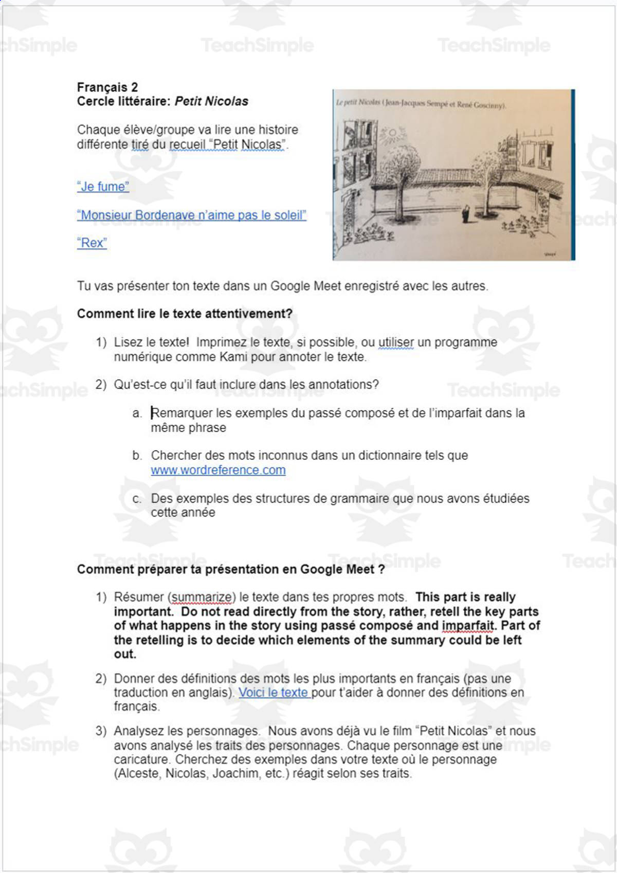 An educational teaching resource from Madame Murphy Comprehensible Culture entitled Français 2: Cercle littéraire: Petit Nicolas downloadable at Teach Simple.