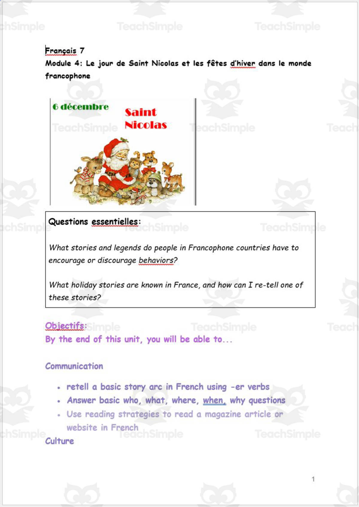 An educational teaching resource from Madame Murphy Comprehensible Culture entitled Français 7 Module 4: Le jour de Saint Nicolas et les fêtes d’hiver dans le monde francophone downloadable at Teach Simple.