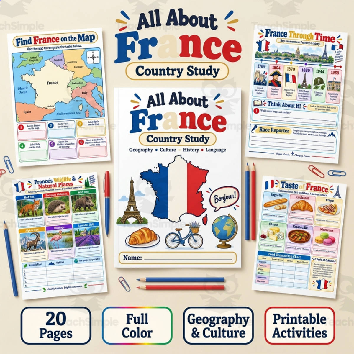 An educational teaching resource from TeachTrend Studio entitled France Country Study | Geography & Culture Activities downloadable at Teach Simple.