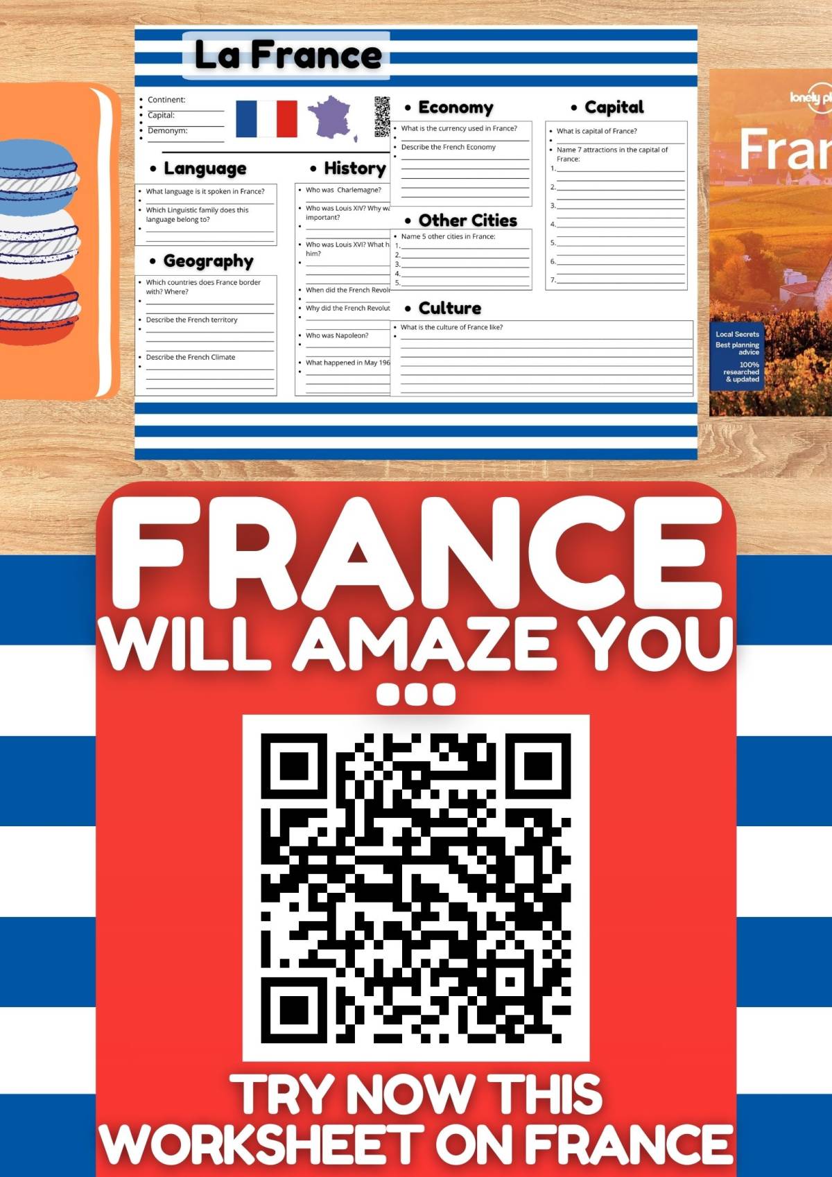 An educational teaching resource from Learning with Alan entitled France Country Study Worksheet - Europe - Geography downloadable at Teach Simple.