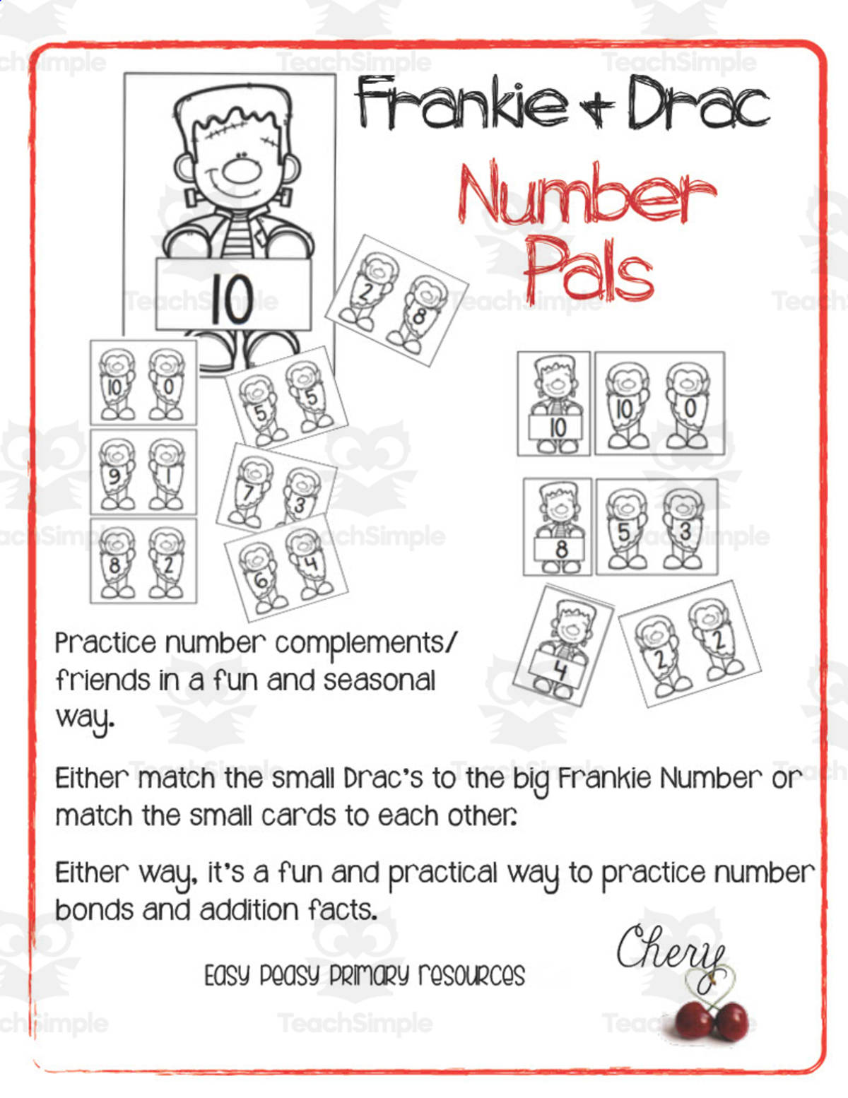 An educational teaching resource from Easy Peasy Primary Resources entitled Frankie & Drac Number Pals | Math Centers downloadable at Teach Simple.