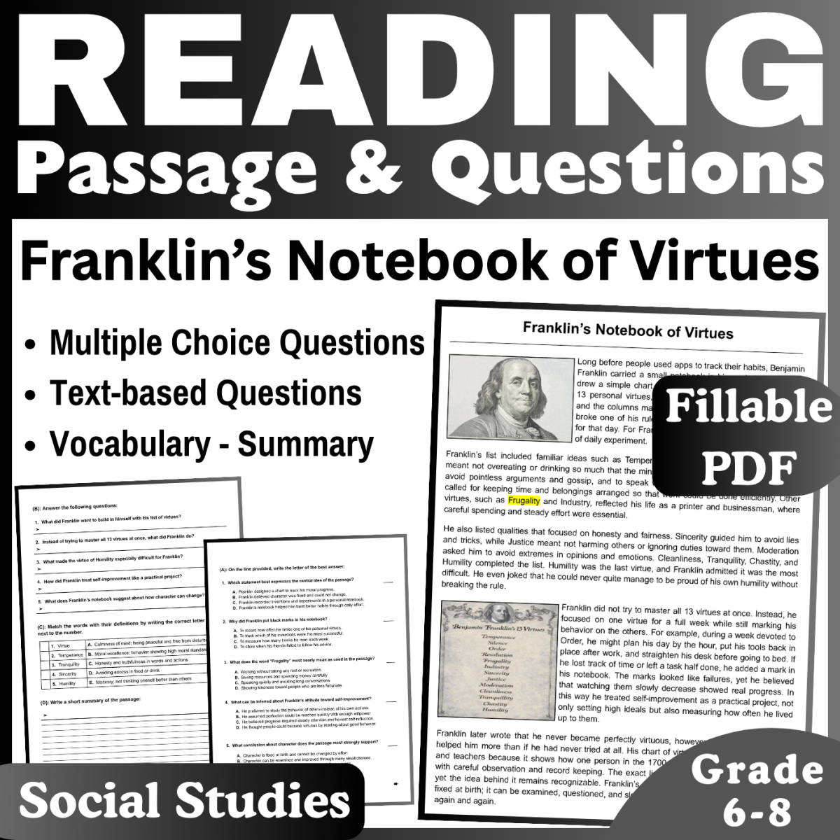 An educational teaching resource from CORED Education - Middle & High School entitled Franklin's Notebook of Virtues: Social Studies Passage (Fillable PDF) downloadable at Teach Simple.