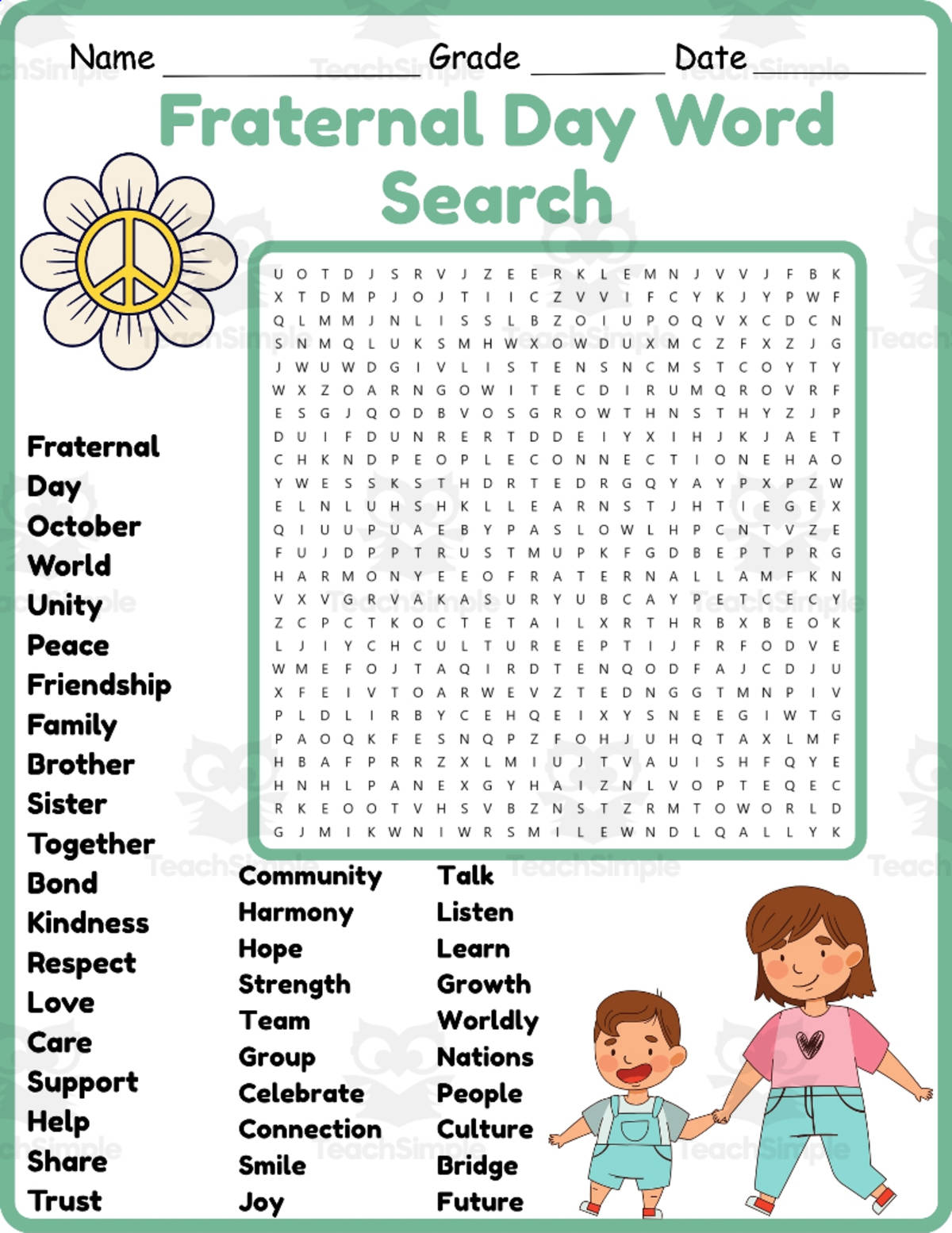 An educational teaching resource from Classsim entitled Fraternal Day Word Search 2rd 3th 4th 5th Grade worksheet activity downloadable at Teach Simple.
