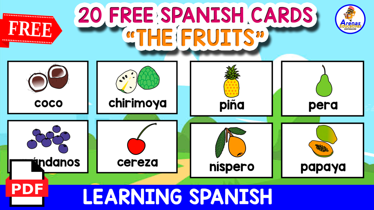 An educational teaching resource from EDITORIAL LAURA EDUCA entitled FREE 20 SPANISH FLASHCARDS | LAS FRUTAS downloadable at Teach Simple.