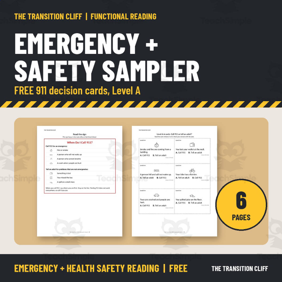 Free 911 Decision Cards: Emergency or Tell an Adult, Level A Sampler preview