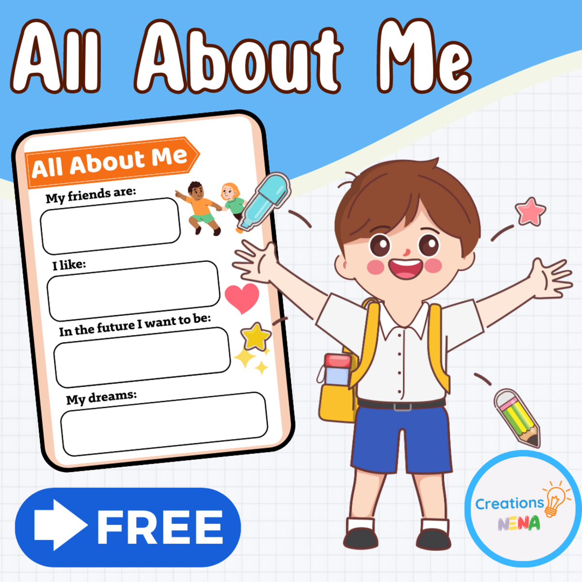 An educational teaching resource from Nena Creations entitled Free All About Me Back To School Worksheet downloadable at Teach Simple.