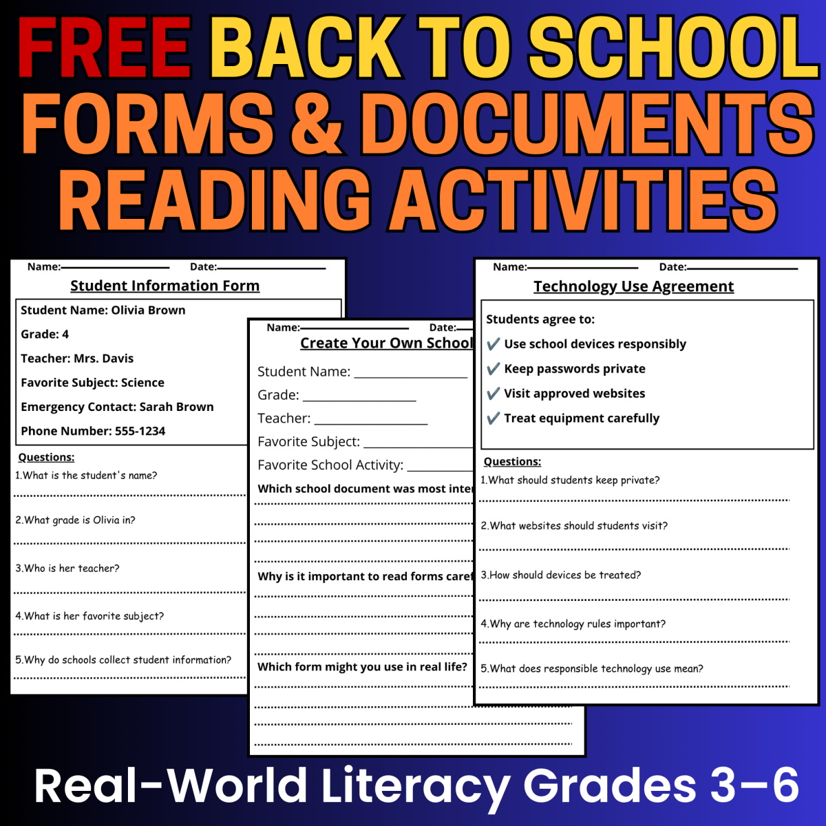 An educational teaching resource from learnMix entitled FREE Back to School Forms & Documents Reading Activities Real-World downloadable at Teach Simple.