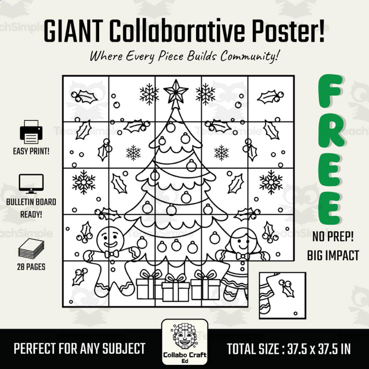 An educational teaching resource from Collabo Craft Ed entitled FREE! Christmas Collaborative Poster: Gingerbread & Tree Coloring Page downloadable at Teach Simple.