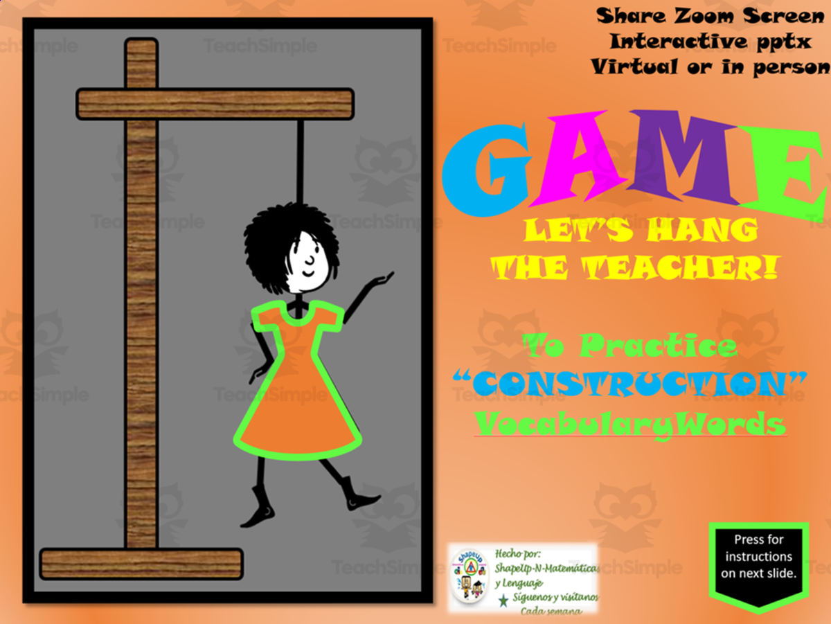 An educational teaching resource from ShapeUp-N-Matematicas y Lenguaje entitled Free Construction Hangman Game to Practice Vocabulary downloadable at Teach Simple.