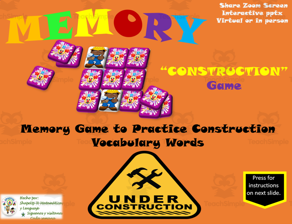 An educational teaching resource from ShapeUp-N-Matematicas y Lenguaje entitled Free Construction Interactive Memory Game to Practice Vocabulary downloadable at Teach Simple.