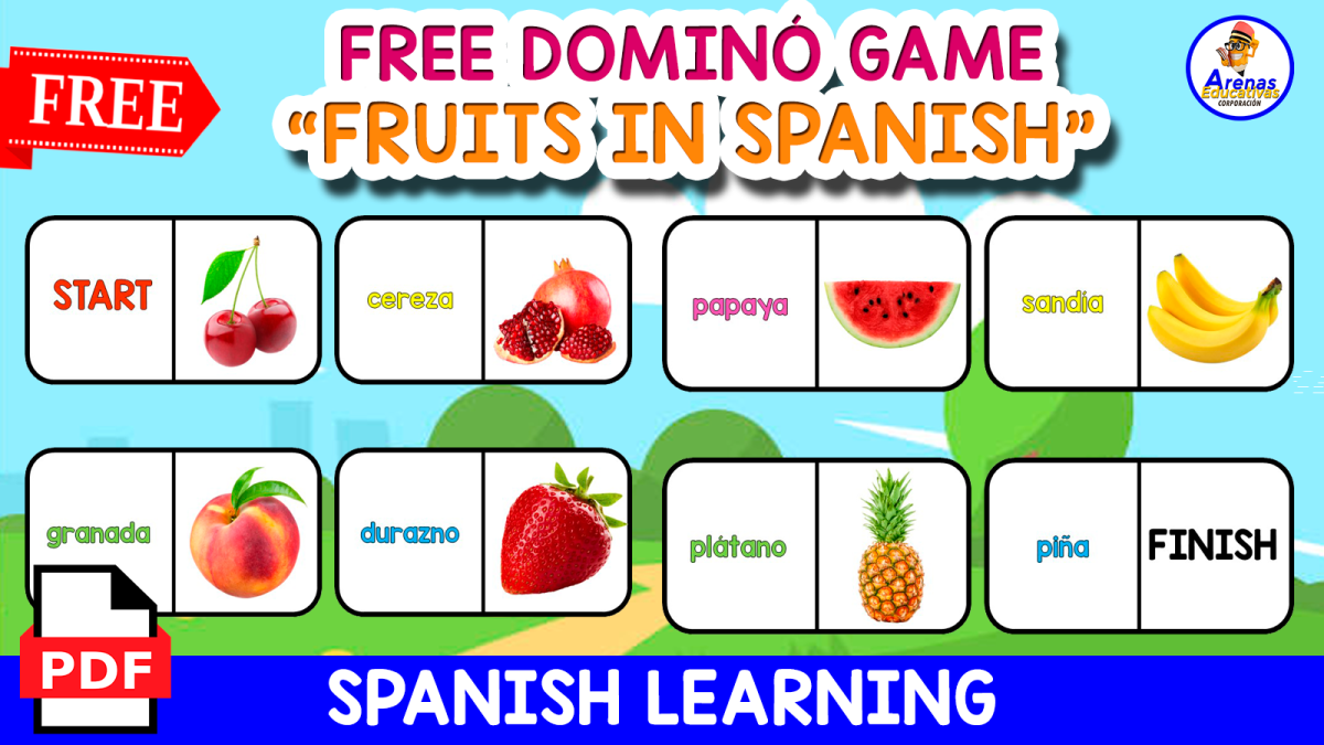 An educational teaching resource from EDITORIAL LAURA EDUCA entitled FREE DOMINÓ GAME | Fruits in Spanish downloadable at Teach Simple.
