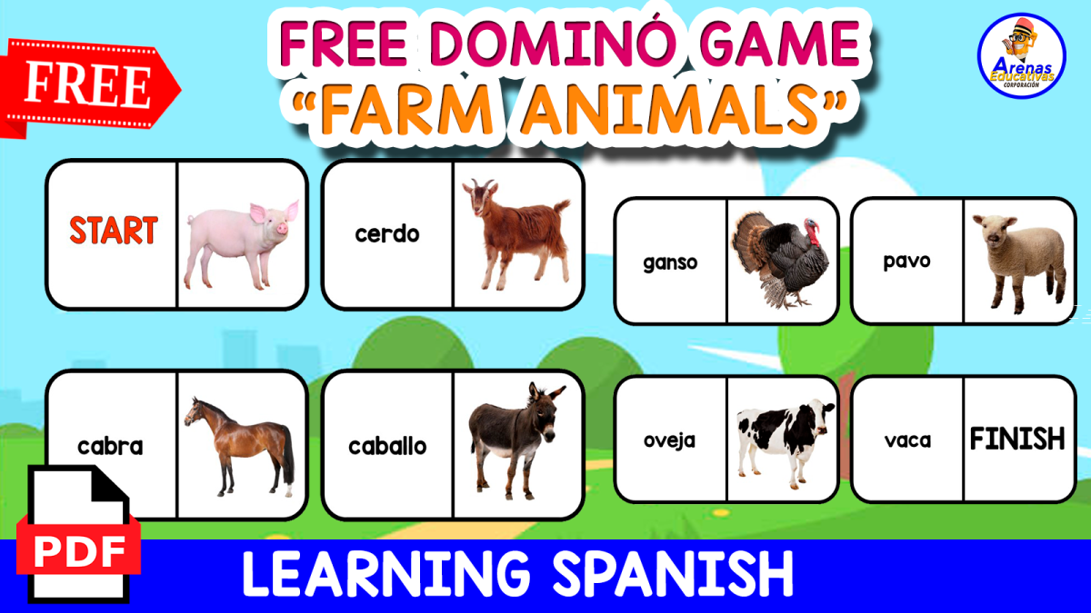 An educational teaching resource from EDITORIAL LAURA EDUCA entitled FREE DOMINÓ GAME IN SPANISH | Farm Animals downloadable at Teach Simple.