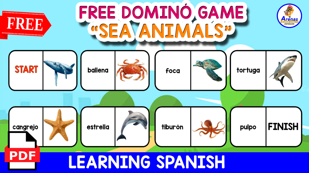 An educational teaching resource from EDITORIAL LAURA EDUCA entitled FREE DOMINÓ GAME IN SPANISH | Sea Animals downloadable at Teach Simple.