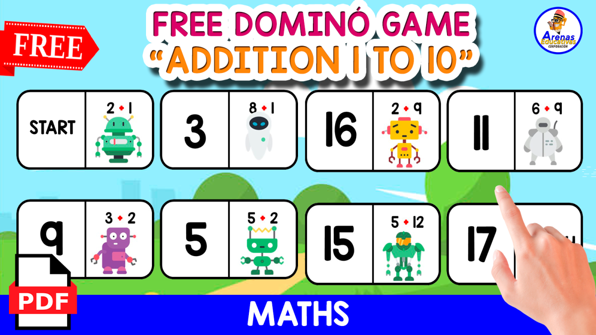 An educational teaching resource from EDITORIAL LAURA EDUCA entitled FREE DOMINÓ GAME OF ADDITION | ROBOT THEMED downloadable at Teach Simple.